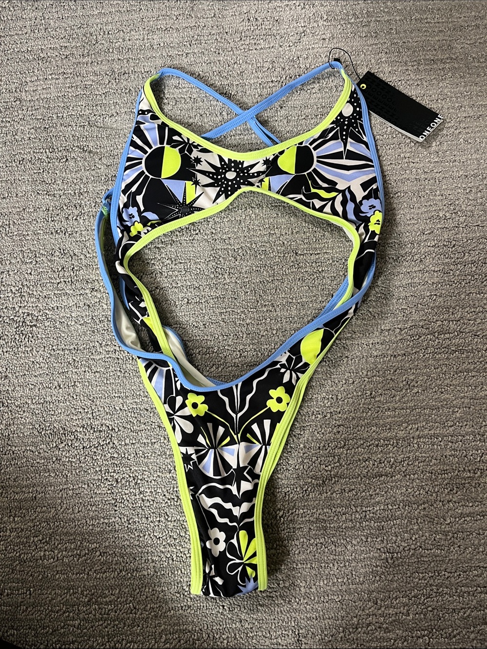 ONEONE swimwear Floral Cutout One-Piece Swimsuit - Neon Yellow & Black NWT